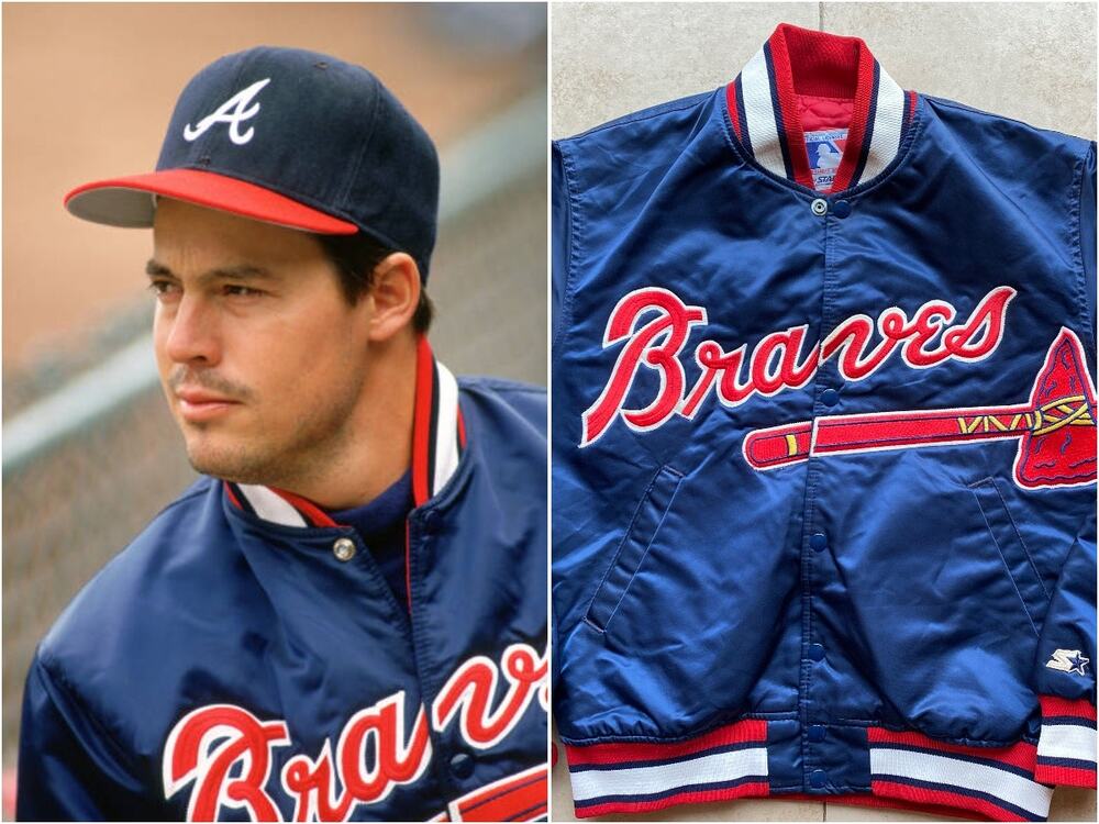 Atlanta Braves 90s STARTER satin bomber jacket M navy red MLB baseball vintage